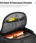 TSA Approved Laptop Backpack With USB Charging Port, RFID Safe Pockets showcasing interior with notebook and RFID tag