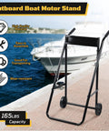 Heavy Duty Outboard Boat Motor Stand With Wheels 165 Lb Load Capacity Portable Motor Trolley displayed on a dockside