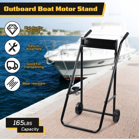 Heavy Duty Outboard Boat Motor Stand With Wheels 165 Lb Load Capacity Portable Motor Trolley displayed on a dockside