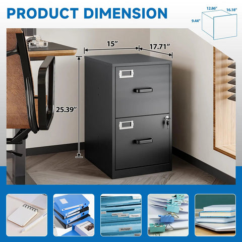 Two Drawer Steel File Cabinet With Lock, Vertical Office Filing Cabinet For Home Office, black, shown in office setting with dimensions.