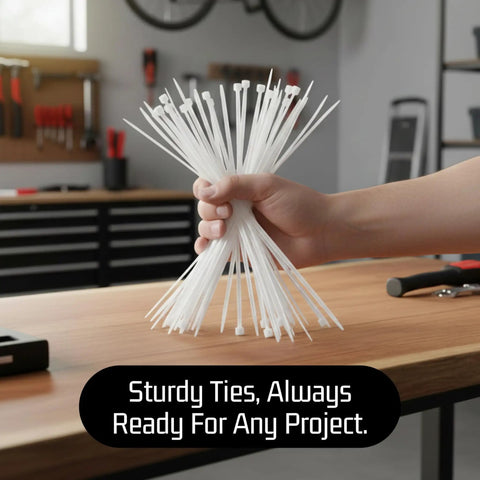 Person holding Heavy Duty 12 Inch White Zip Cable Ties 100 Pack With 40 Lbs Tensile Strength in workshop setting.