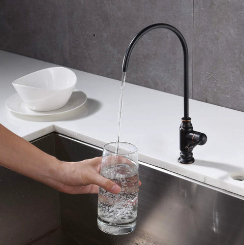 Oil Rubbed Bronze Water Drinking Faucet For Filtration Systems, Brass Body Sink Faucet Fits Most RO Units pouring water into glass