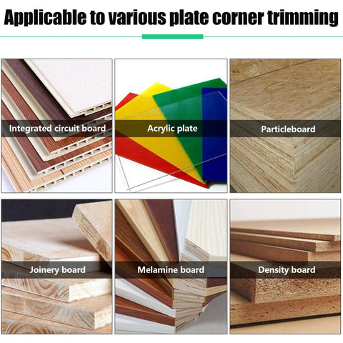 680W Air Powered Corner Trimmer viewed with various sheets: integrated circuit board, acrylic plate, particleboard, joining board, melamine board.