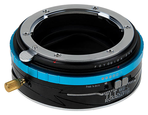Tilt Shift Lens Mount Adapter From Nikon F To L Mount Mirrorless Cameras With 10 Degree Off Axis Tilt 20mm Shift 360 Degree Rotation All Metal Construction For Precise Rock Solid Performance With Vintage Lenses, black and blue