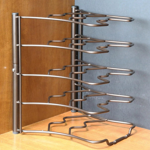 Keep Your Cookware On Deck With This Heavy Duty Pan Organizer Rack Bronze Finish freestanding lid holder metal shelf displayed on countertop.