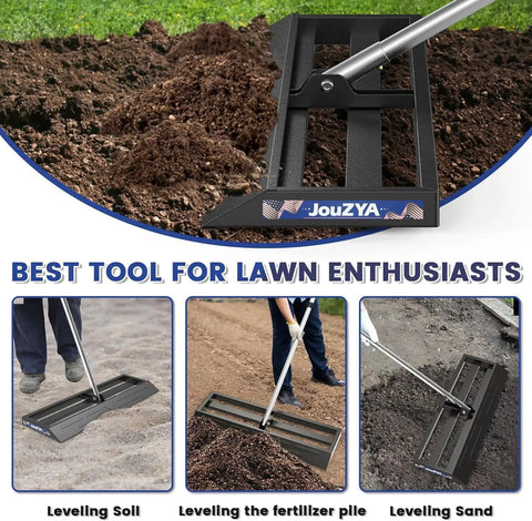 Heavy Duty Lawn Leveling Rake 45x10 Inch Stainless Steel Head With Adjustable Handle 27 To 80 Inches used on soil, fertilizer, sand