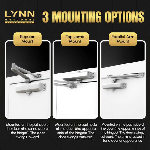Image showing 3 mounting options for Heavy Duty Automatic Door Closer For Commercial Doors Contractor Grade With Adjustable Speed Delayed Closing Timer Mounting Options Three Hour Fire Silver Finish Built Tough For High Traffic Doors Up To Five Thousand Openings Per Day Model DC9016