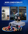 All In One AC Manifold Gauge Set With Five Foot Hoses For R1234YF R404A And R134A Three Way System For Quick A C Service With Self Sealing Can Taps And Quick Couplers, blue hoses and gauges