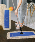 Top Notch 36 Inch Microfiber Dust Mop Head Replacement For Heavy Duty Commercial Floor Cleaning And Janitorial Supplies Blue Three Pack Refills in use on wooden floor.