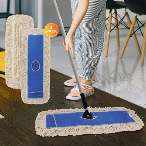 Top Notch 36 Inch Microfiber Dust Mop Head Replacement For Heavy Duty Commercial Floor Cleaning And Janitorial Supplies Blue Three Pack Refills in use on wooden floor.