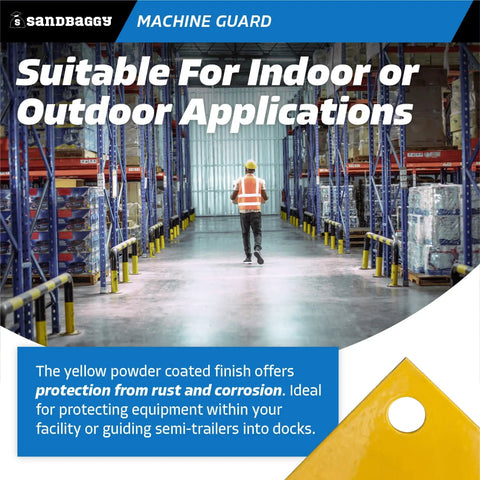 High Profile Machine Safety Guard 24 Inch High By 48 Inch Long, Fixed Industrial Barrier for vehicle impact protection shown in warehouse