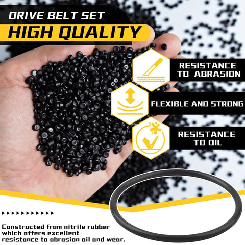 Hand holding black nitrile rubber pellets with text on durability and rock tumbler drive belt made from nitrile rubber for long life.