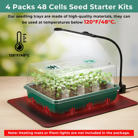 192 Cell Seed Starter Tray Kit With Humidity Vented Domes And High Lid For Indoor Greenhouse Germination, Reusable 0.8mm PVC Trays, Includes 4 Packs Seed Starter Trays, Durable, Easy Transplant, And Simple Clean Up