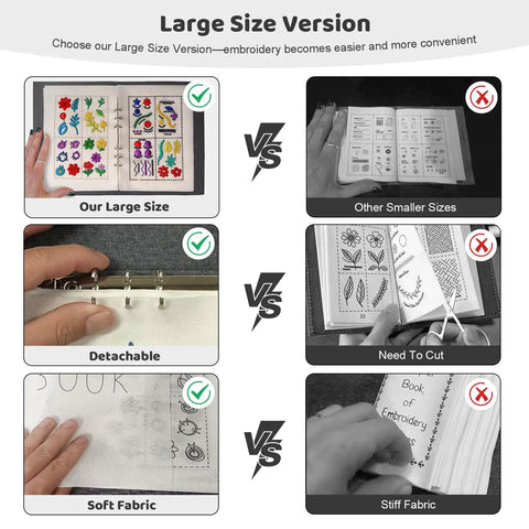 Comparison of large size Beginner's Embroidery Stitch Book Kit With 138 Patterns vs smaller size; detachable soft vs stiff fabric pages.