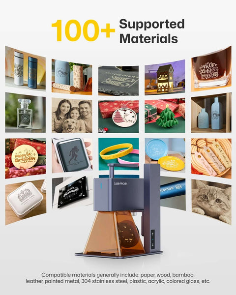 LaserPecker LP2 laser engraver with rotary roller, blue-gray desktop engraving machine for wood, metal, leather, acrylic.