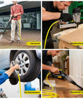 Heavy Duty Retractable Air Hose Reel With Auto Rewind And Full Pivot Swivel Wall Mount For Garage Crew Or Diy Pros Featuring Eighty Foot Three Eighth Inch Hybrid Line With Six Point Five Foot Lead In Tube Handling Three Hundred Psi in various uses including courtyard, woodworking, car maintenance, and household cleaning.