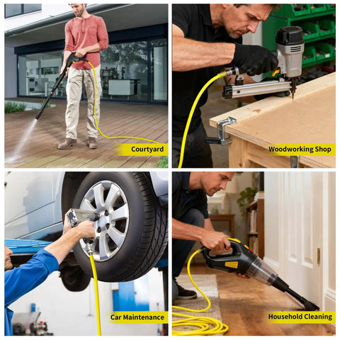 Heavy Duty Retractable Air Hose Reel With Auto Rewind And Full Pivot Swivel Wall Mount For Garage Crew Or Diy Pros Featuring Eighty Foot Three Eighth Inch Hybrid Line With Six Point Five Foot Lead In Tube Handling Three Hundred Psi in various uses including courtyard, woodworking, car maintenance, and household cleaning.