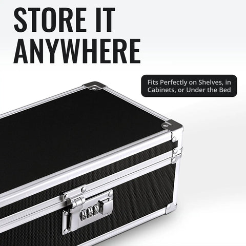 Black Locking Medicine Storage Box With Combination Lock For Safe Med Storage, First Aid And Pill Organization, shown from the side