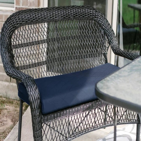 Montlake Water-Resistant Outdoor Quilted Bench Cushion For 54W X 18D X 3T Benches Navy Patio Swing Seat And Loveseat Pad installed on wicker chair