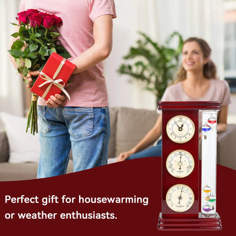 Analog Weather Station With Galileo Thermometer And Quartz Clock In Gold Finish Dope Barometer And Hygrometer Indoor Outdoor Home Decor Gift For Family Or Friends with gift in background