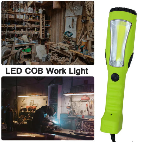 Image showing Ultra Bright 1200 Lumen COB LED Work Light With 25 Foot Heavy Duty Cord, Handheld Design, Magnetic Base, in a workshop.