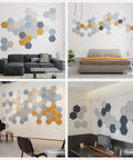 12 Pack Hexagon Acoustic Panels Self Adhesive Sound Proof Foam Beige displayed in various room settings including living and studio.