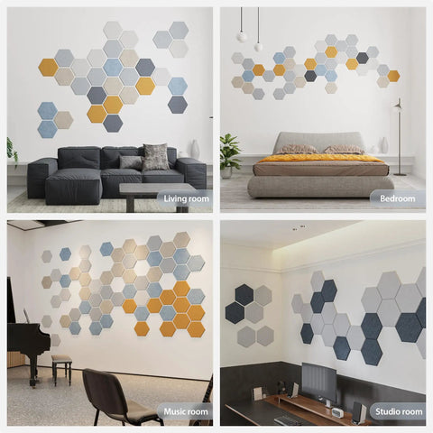 12 Pack Hexagon Acoustic Panels Self Adhesive Sound Proof Foam Beige displayed in various room settings including living and studio.