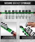 Six Piece Socket Organizer Rail Set With 360 Degree Swivel Clips Holds 108 Sockets Across Quarter Inch Three Eighths Inch And Half Inch Drives Double Sided Trays For Your Toolbox And Garage, showing green rail with sockets and close-ups of socket holder features.
