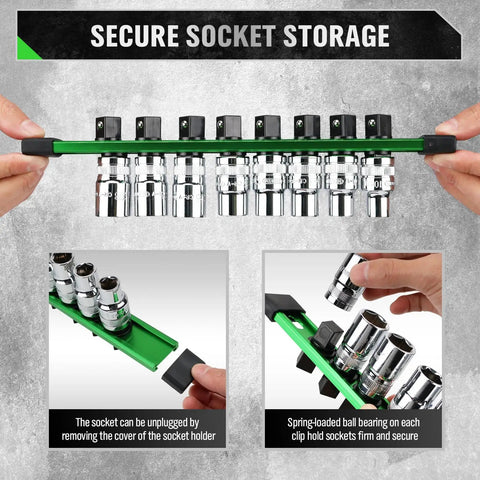 Six Piece Socket Organizer Rail Set With 360 Degree Swivel Clips Holds 108 Sockets Across Quarter Inch Three Eighths Inch And Half Inch Drives Double Sided Trays For Your Toolbox And Garage, showing green rail with sockets and close-ups of socket holder features.