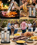 Rechargeable Electric Salt And Pepper Grinder Set With USB C Charging Dock Stainless Steel Auto Grinders Adjustable Coarseness LED Light Huge Capacity Super Handy Kitchen Gift on table at barbecue party.