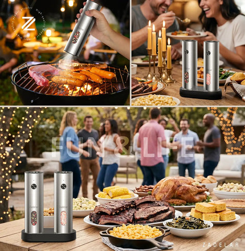 Rechargeable Electric Salt And Pepper Grinder Set With USB C Charging Dock Stainless Steel Auto Grinders Adjustable Coarseness LED Light Huge Capacity Super Handy Kitchen Gift on table at barbecue party.