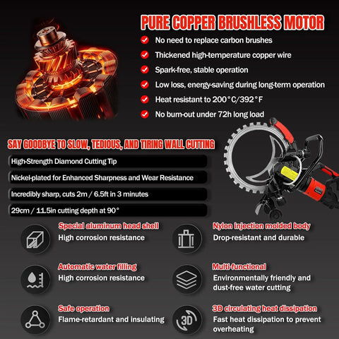 Heavy-Duty 16 Inch Electric Concrete Ring Saw With 9500W Toroidal Motor For Wet Cutting Brick Stone Marble Rebar, Deep 11.8 Inch Cut Depth, showcasing pure copper brushless motor details and diamond cutting tip.