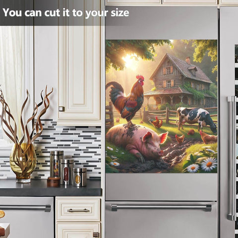 Magnetic Door Cover For Appliances 26 By 23 Inches, Rustic Farmhouse Rooster Pig And Cow Scene, Peel And Stick Refrigerator Decal