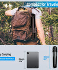 Carbon Fiber Camera Tripod 65.5 Inch Tall With Arca Swiss E10 compactly attached to a traveler's backpack in a forest setting.