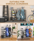 Ultra Big Capacity Golf Bag Storage Organizer in home, garage, golf club scenarios with bags, clubs, and accessories neatly stored