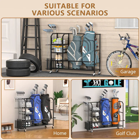 Ultra Big Capacity Golf Bag Storage Organizer in home, garage, golf club scenarios with bags, clubs, and accessories neatly stored