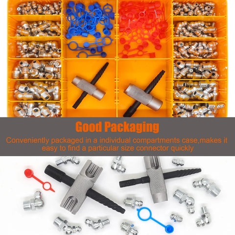SAE and metric grease fitting replacement kit in orange organizer with blue/red caps and two metal grease guns