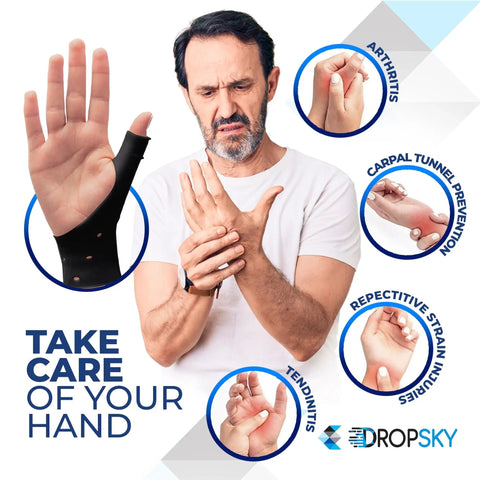 Thumb Brace 4 Pack Waterproof Splints With Gel Pad For Carpal Tunnel Arthritis And Trigger Finger Relief shown on hand