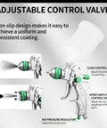 HVLP Spray Gun Kit Featuring Quick Swap 1 Point 4 To 2 Point 5 Millimeter Nozzles, adjustable control valve with flow features.