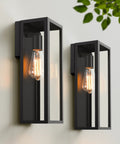 Top Shelf Matte Black Outdoor Wall Lights, 2 pack sconces with clear glass, weather resistant design, ideal for outdoor use.