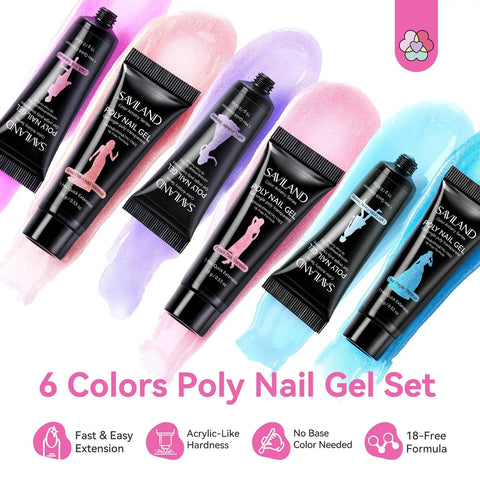 Hema-Free Poly Gel Nail Kit: No Base Needed, 6 Shimmer Colors For Long-Lasting Nail Extensions, Iridescent Peach Pink Blue Purple