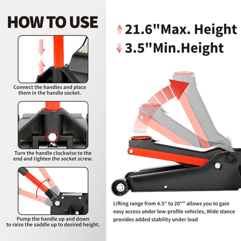 5 Ton Low Profile Hydraulic Floor Jack With Dual Piston Quick Lift Pump Heavy Duty Steel Lift usage instructions and height range