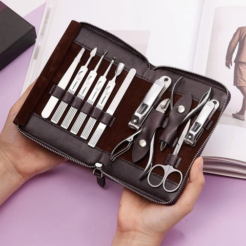 11 In 1 Manicure Kit With Stainless Steel Nail Clippers All In One Pedicure Tools Travel Leather Case Grooming Kit For Men Portable