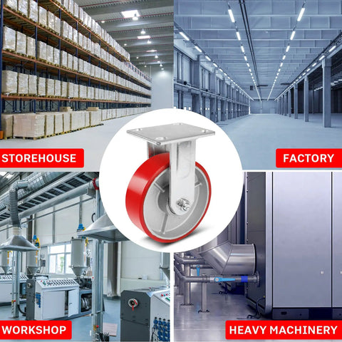 Six Inch Industrial Casters Heavy Duty Polyurethane Wheels On Steel Hub Zero Noise Roll Rigid Frame showcased in warehouse settings.