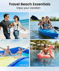 Collage of people using IPX8 Waterproof Phone Pouch Dual Pack 8.3 Inch Case With Lanyard on beach, kayak, water park, and pool float.