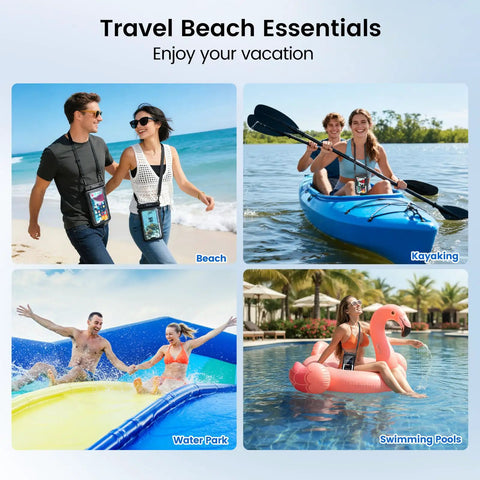 Collage of people using IPX8 Waterproof Phone Pouch Dual Pack 8.3 Inch Case With Lanyard on beach, kayak, water park, and pool float.