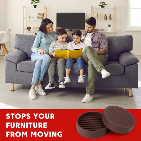 Family sitting on a couch with Heavy Duty Rubber Furniture Floor Protectors 2x2 Round Caster Cups Anti Slip Bed Stopper visible on floor.