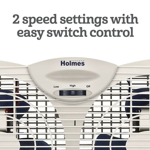 Close-up of Manual Window Fan With Dual 3 Blade Fans Reversible Intake And Exhaust Multispeed Control with settings