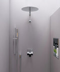 Bathroom with 16 Inch Solid Round Ultra Thin Rain Shower Head in Polished Stainless Steel With Swivel Adapter Mirrored Finish