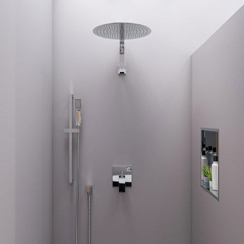 Bathroom with 16 Inch Solid Round Ultra Thin Rain Shower Head in Polished Stainless Steel With Swivel Adapter Mirrored Finish